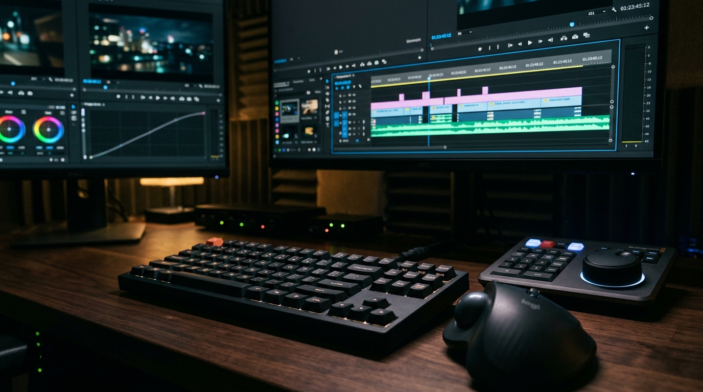 Professional video editor working at a desktop workstation